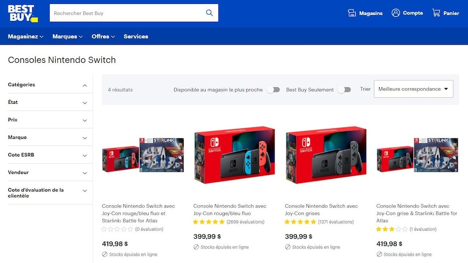 Capture d'écran du site de Best Buy Canada. Les consoles Nintendo Switch sont en rupture de stock. 