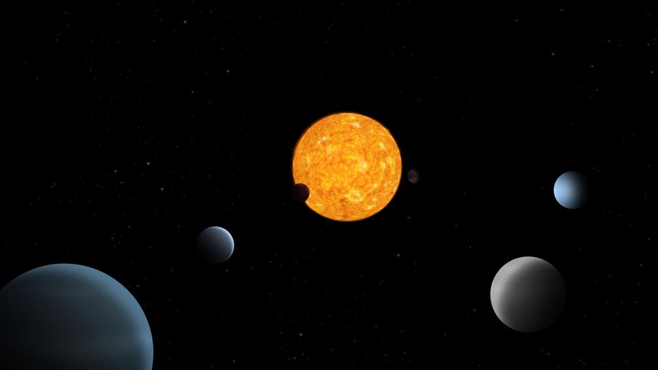 Illustration représentant l'étoile TOI-178 et ses exoplanètes.