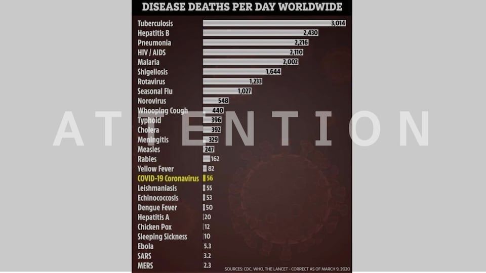 Ce tableau comparant le nombre moyen de décès dus à la COVID-19 avec d’autres causes de décès est très loin de la réalité
Texte alt : Un tableau comparant le nombre de décès quotidiens dus à la COVID-19 avec d’autres causes de décès.
