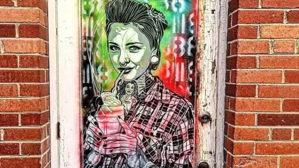 Le portait d'une femme peint dans un style urbain sur une porte.