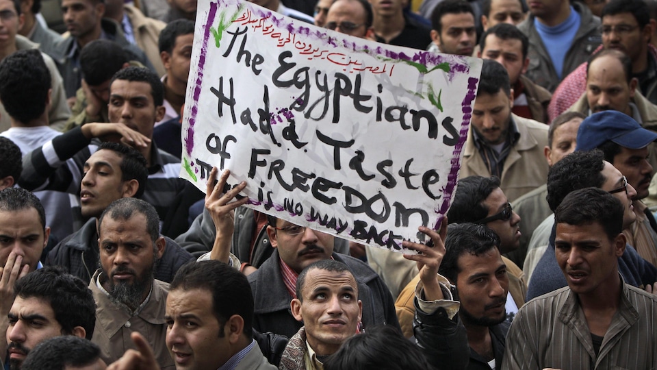 Un manifestant tient une pancarte sur laquelle on peut lire : '' Les Égyptiens ont goûté à la liberté, il n'y aura pas de retour en arrière''.