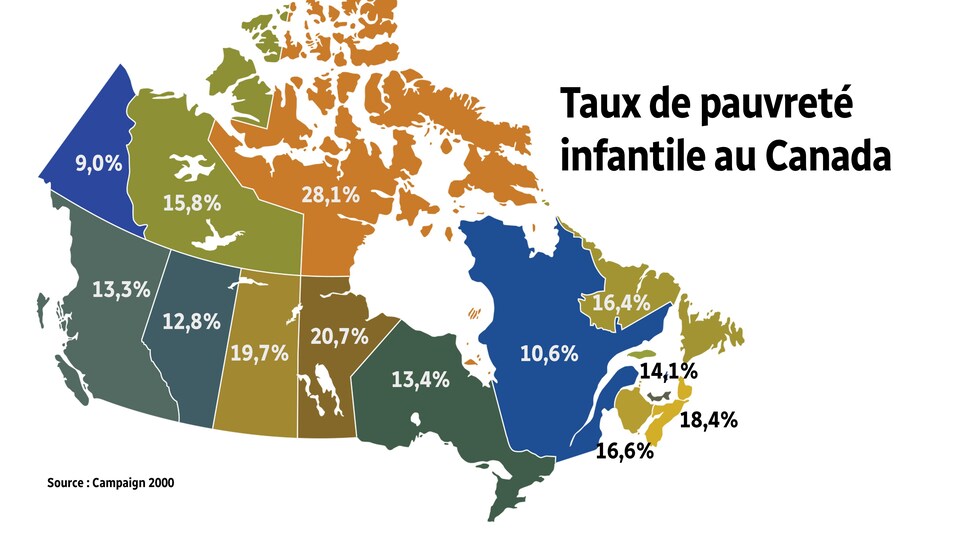 Carte qui illustre le taux de pauvreté infantile au Canada, enfants âgés de moins de 18 ans.