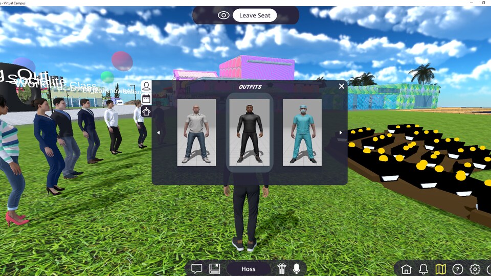 Un écran pour modifier la tenue vestimentaire d'un avatar du campus virtuel. Sur l'écran, il y a trois options.