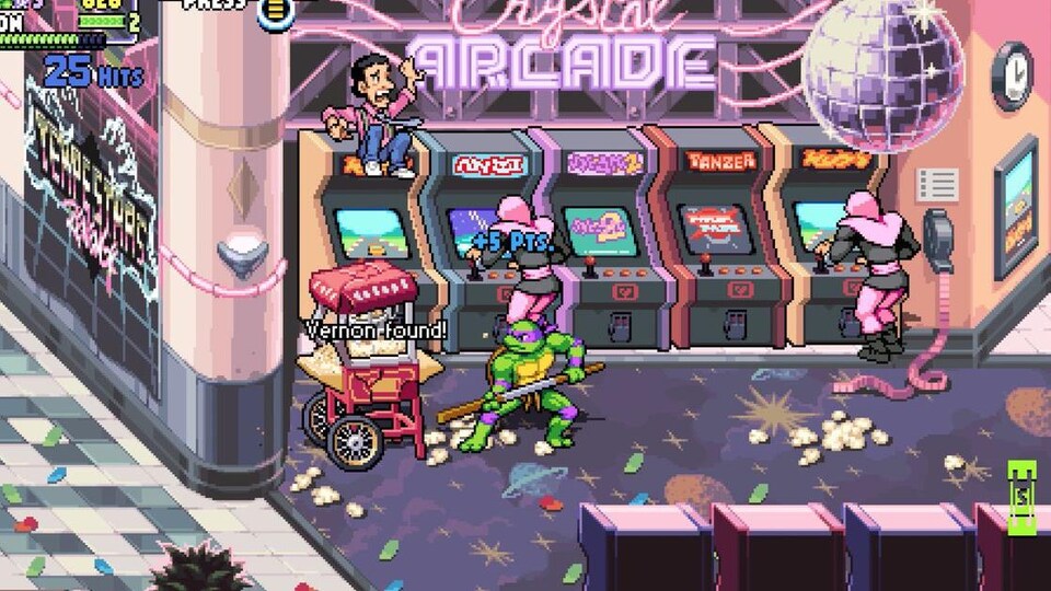 Une tortue ninja en mission dans une salle d'arcades, dans une capture d'écran d'un jeu vidéo. 