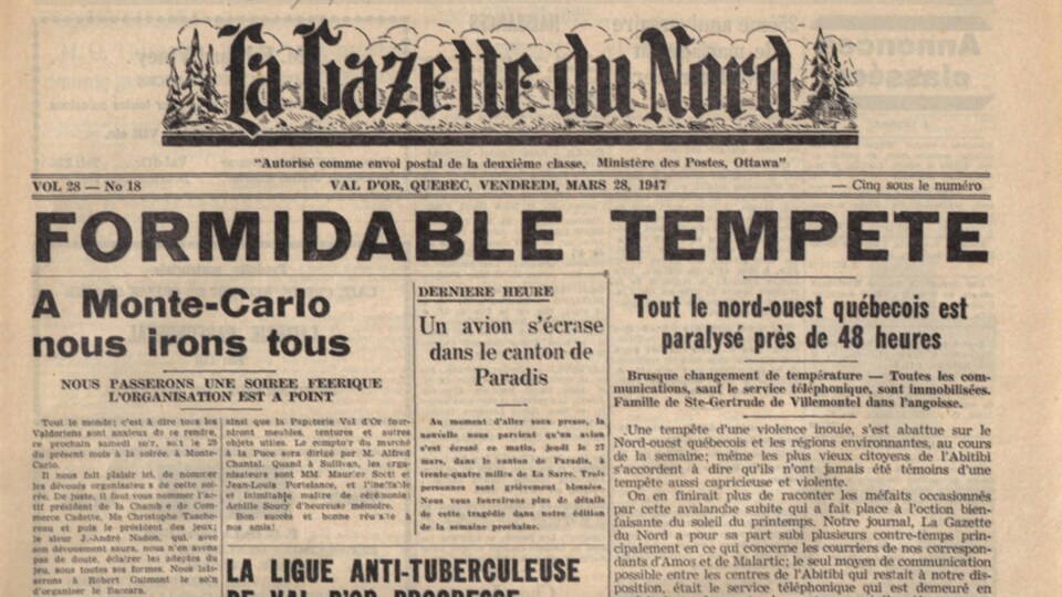 Le journal La Gazette du Nord suite à « La grande tempête », Société d'histoire d'Amos
