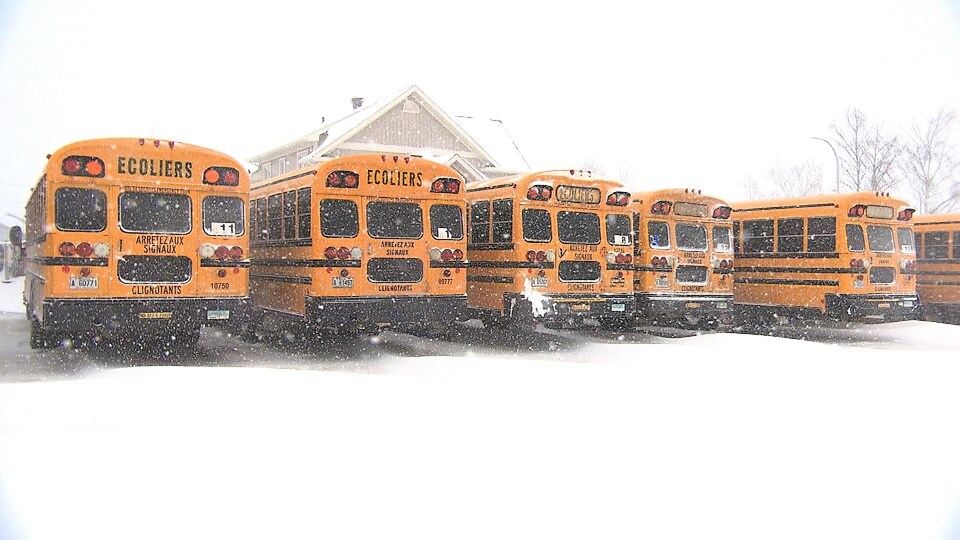 Des bus scolaires sous la neige.