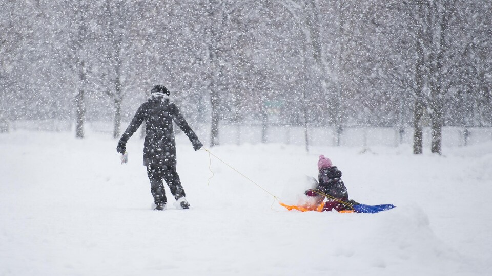 Une femme tire un enfant en traîneau dans un parc tandis qu'il neige abondemment.