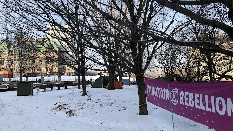Des tentes plantées dans la neige.
