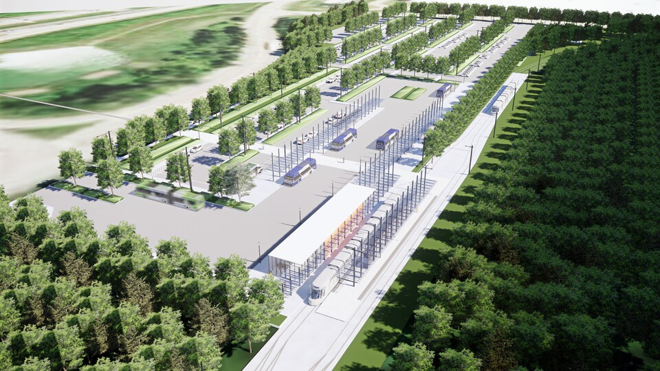 Croquis du projet du terminus Le Gendre à l'extrémité ouest du futur réseau de tramway à Québec.
