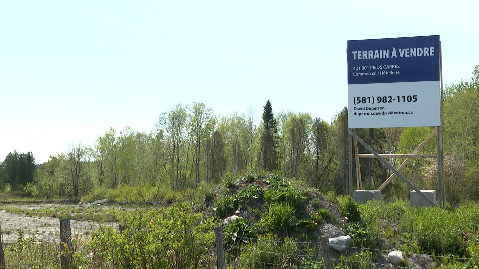 Un terrain vague où se trouve une grande affiche à vendre.