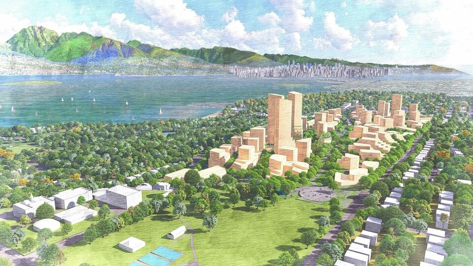 Dessin de dizaines de tours, grandes et petites, avec une vue du centre-ville de Vancouver au loin.