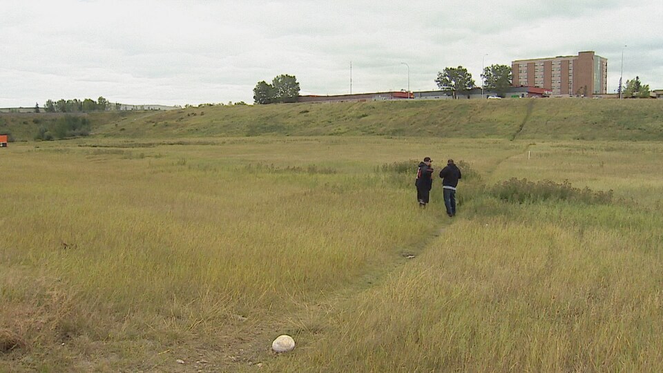 Deux hommes se tiennent dans un terrain vague couvert d'herbe en bordure d'une route.