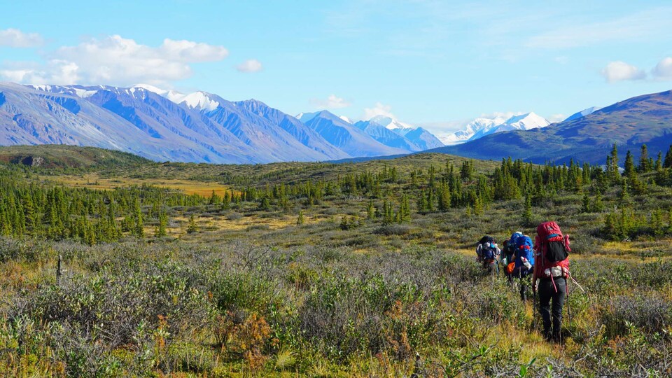 des randonneurs sur un sentier, des montagnes en fond