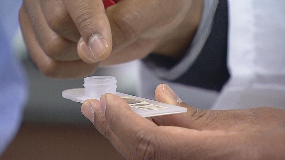 Une main tient une plaquette de tests en laboratoire.