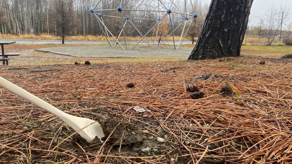 Une cuillère de bois dans la terre devant des jeux pour enfants dans un parc.