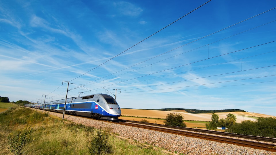 Un train à grande vitesse traverse un champ en France.