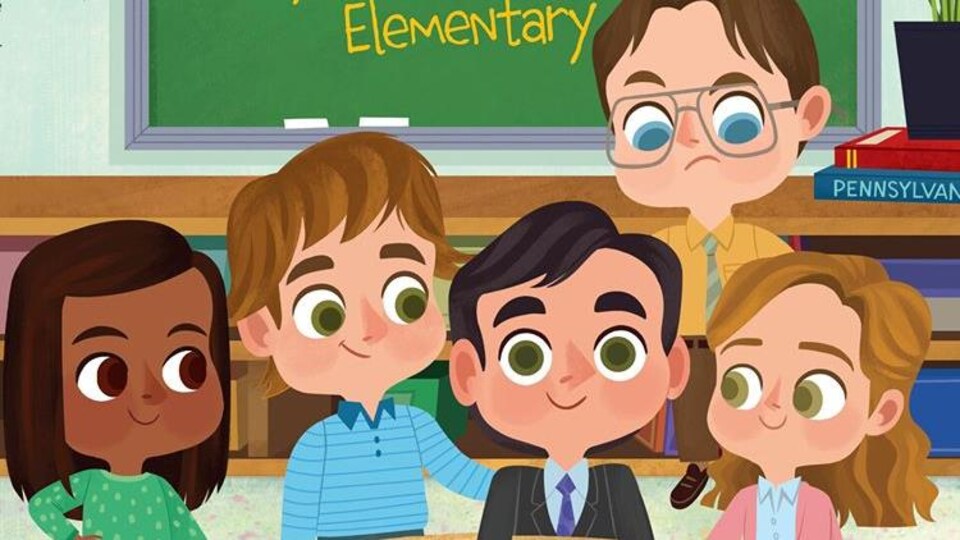Cinq personnages dessinés de la série The Office dans une classe d'école primaire.