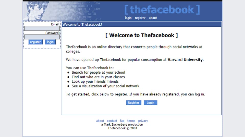 On voit que le nom du site est « Thefacebook » et qu'il est réservé aux étudiants de l'université Harvard.
