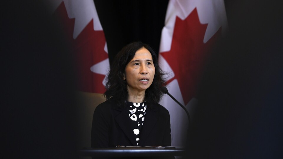 Theresa Tam lors d'une conférence de presse, devant des drapeaux canadiens.