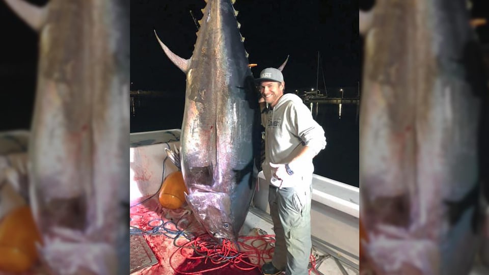 Un homme debout à côté d'un thon qui est presque deux fois plus grand que lui. Le photo est prise en pleine nuit sur un bateau.