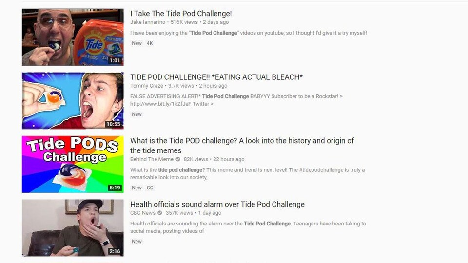 Quatre aperçus de vidéos YouTube sur le défi de la capsule Tide