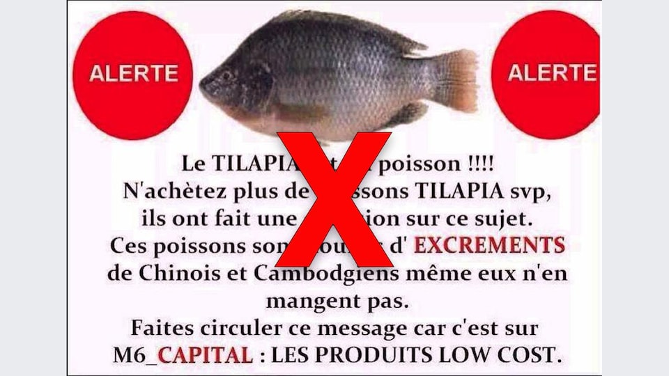 Une image circulant sur Facebook affirme que le tilapia est nourri d'excréments de Chinois et de Cambodgiens