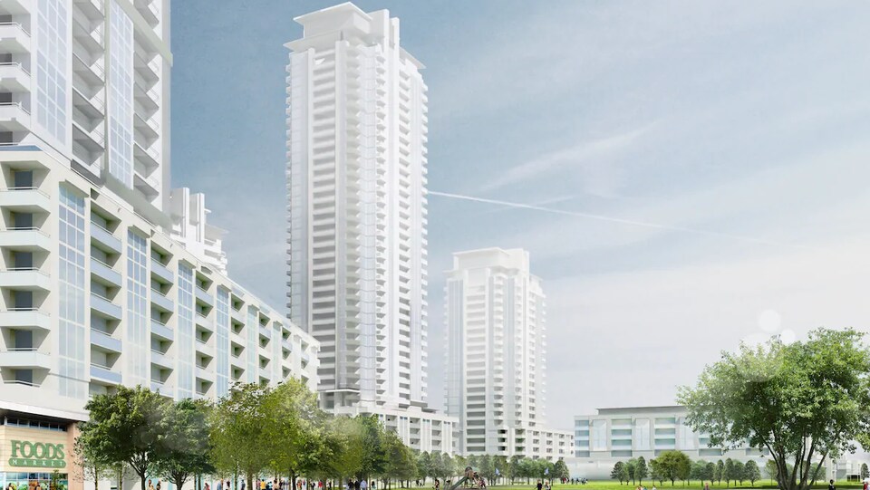 Une esquisse du futur quartier où se trouvent des tours.