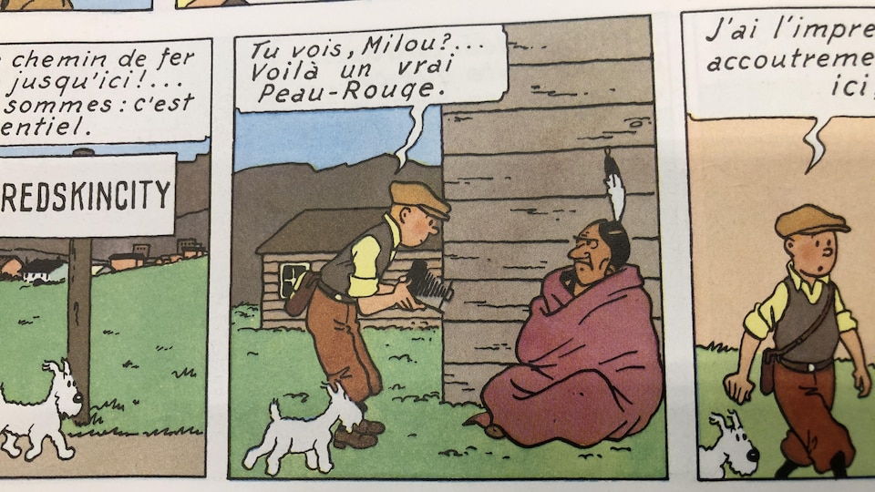 Tintin rencontre un Autochtone et l'appelle "Peau-Rouge".