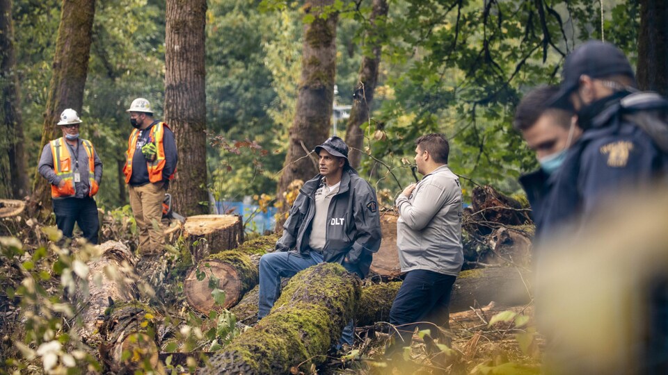 Des agents de la GRC, des employés de Trans Mountain et des manifestants opposés à la coupe d'arbres.