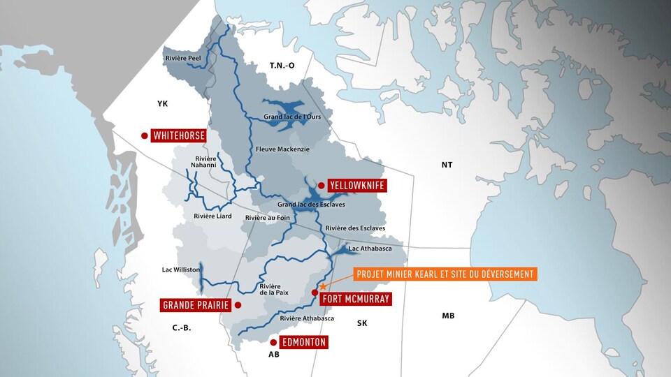 Carte du Canada montrant les communautés et les rivières qui font partie du bassin hydrographique Mackenzie.