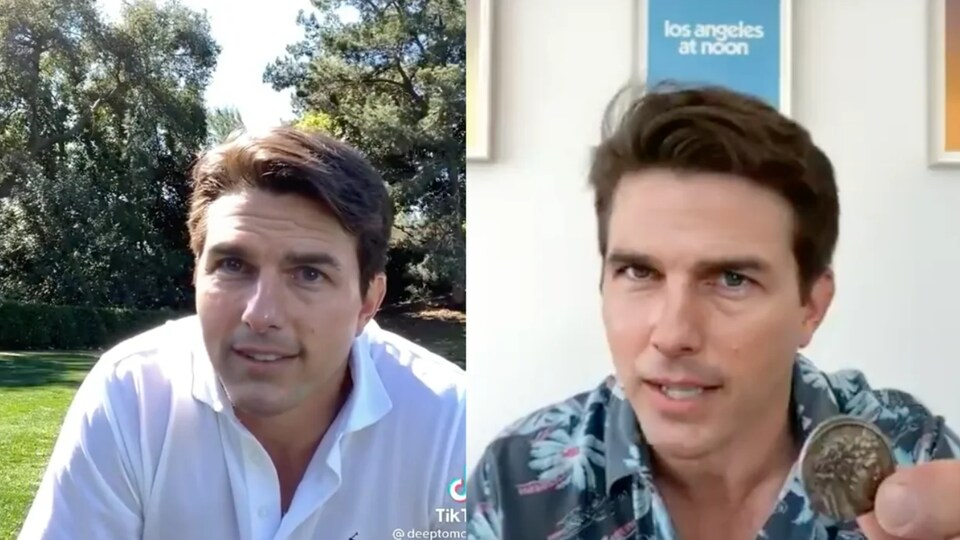 Deux images côte à côte montrant une personne ressemblant étrangement à Tom Cruise et le vrai Tom Cruise.