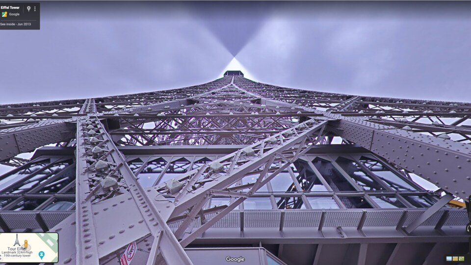 Low angle view of the Eiffel Tower in Google Street View.