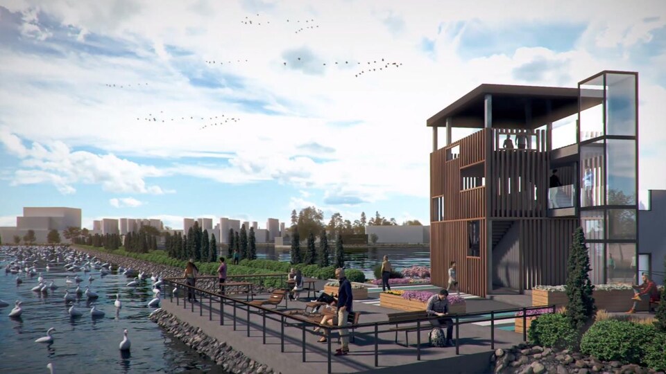Une tour d'observation et des oiseaux sur le bassin d'eau.