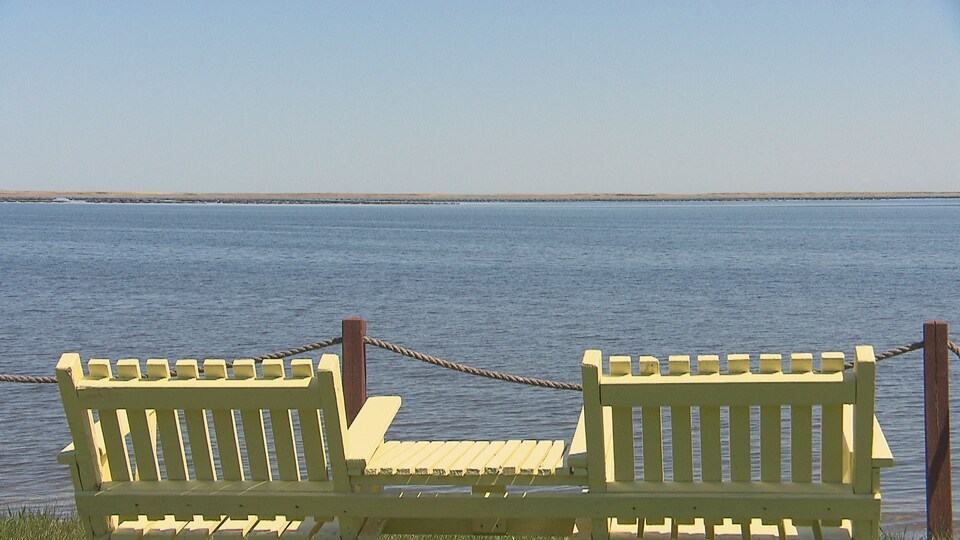 Deux bancs devant une petite baie.