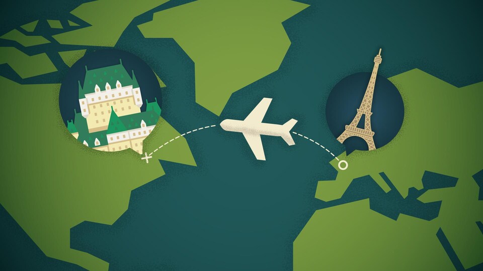Illustration : une avion fait la liaison entre Paris et Québec.