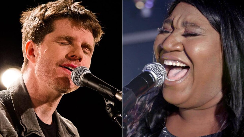 Deux photos côte à côte, une de Vincent Vallières et une de Mélissa Bédard. Les deux chantent au micro les yeux fermés.