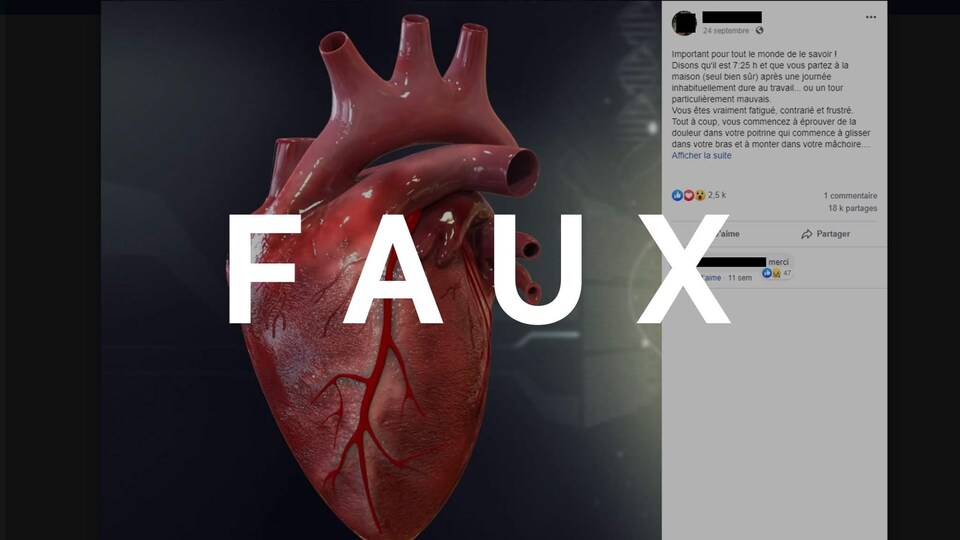 On voit une capture d'écran d'une publication Facebook sur les crises cardiaques avec le mot faux.