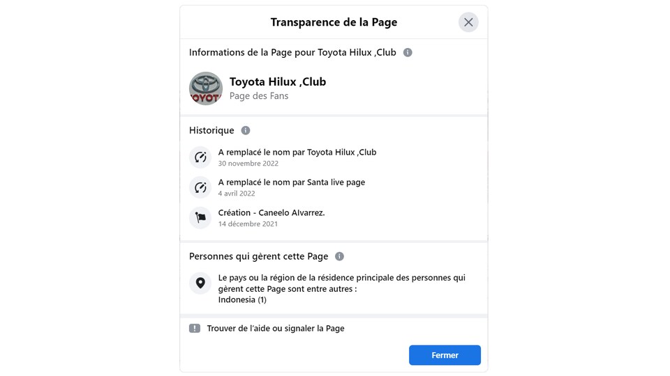 Capture d'écran des informations de transparence de la page Facebook Toyota Hilux Club.