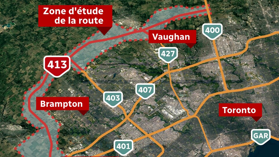 La carte montre le tracé suggéré, qui part de Mississauga vers le nord pour rejoindre l'autoroute 400 au nord de Vaughan.