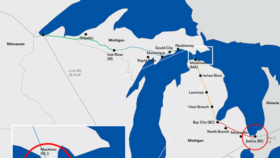 Carte du tracé avec les sites de travaux à Sarnia et Mackinac