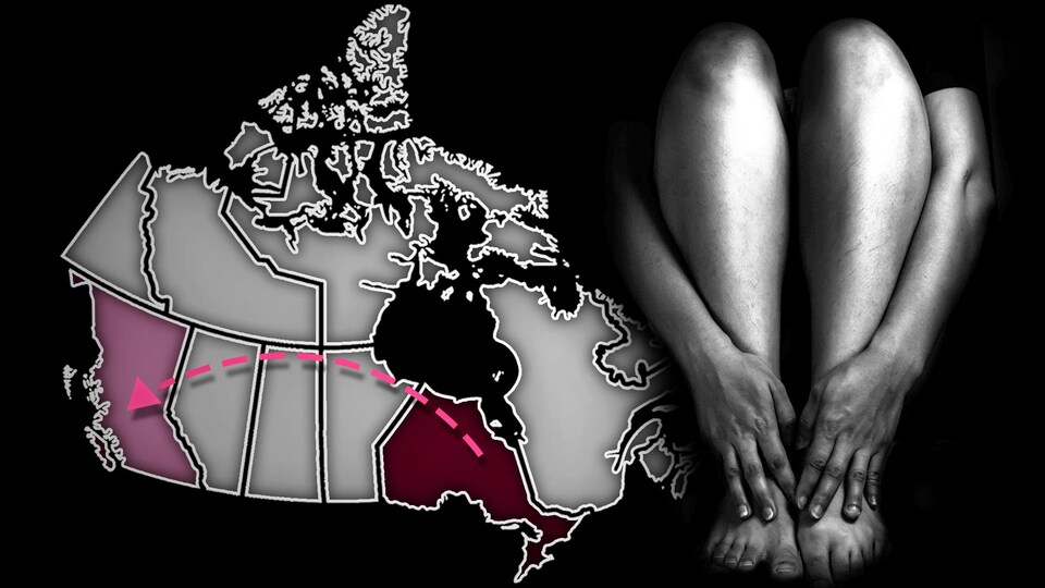 Un montage photo montre les jambes d'une femme et une carte du Canada.