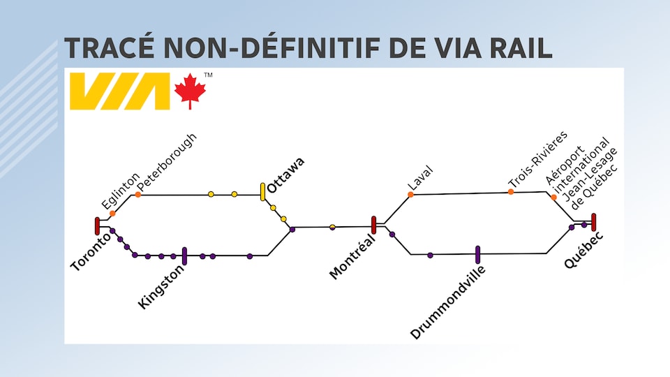 Le tracé non définitif de VIA Rail entre Toronto et Québec.