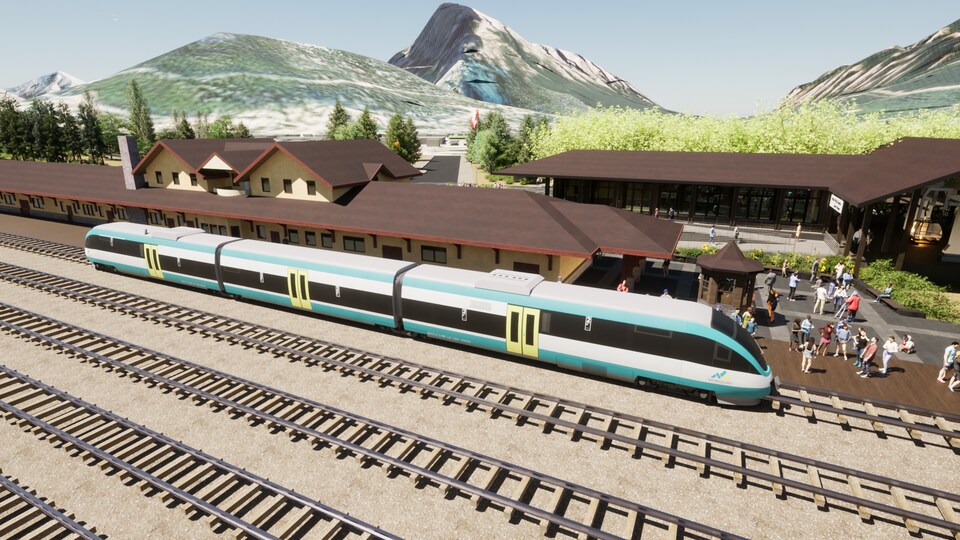 Une photo simulant l'aspect du train reliant Calgary à Banff.