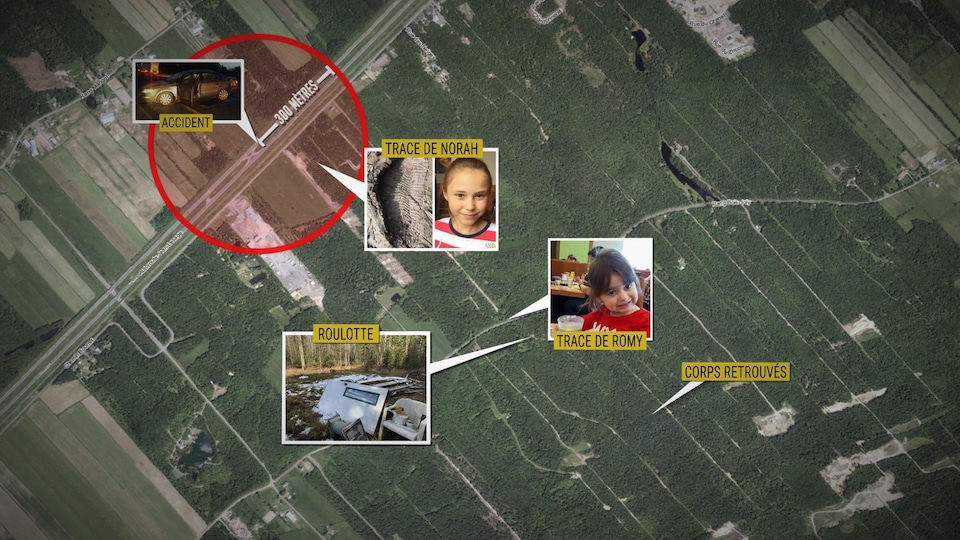 The map shows the distance between a car accident and clues found during the search operation to locate the occupants of the vehicle.