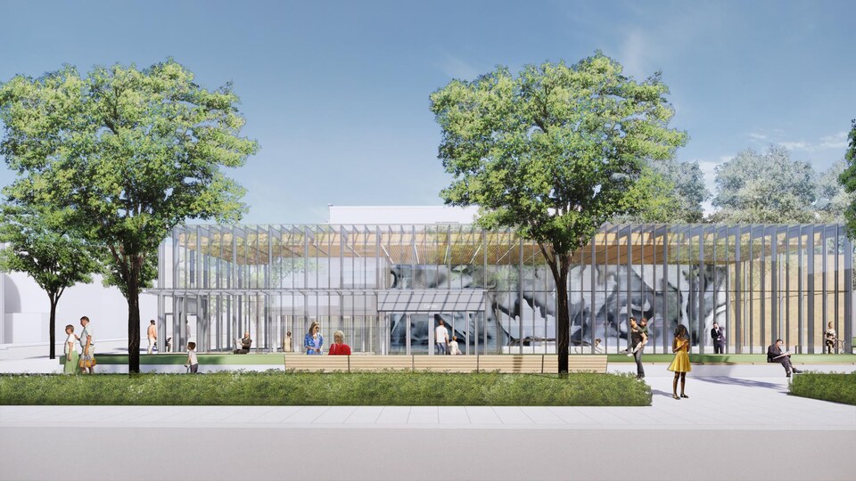 Une illustration avec une station de transport en commun, des gens qui attendent, et des arbres.