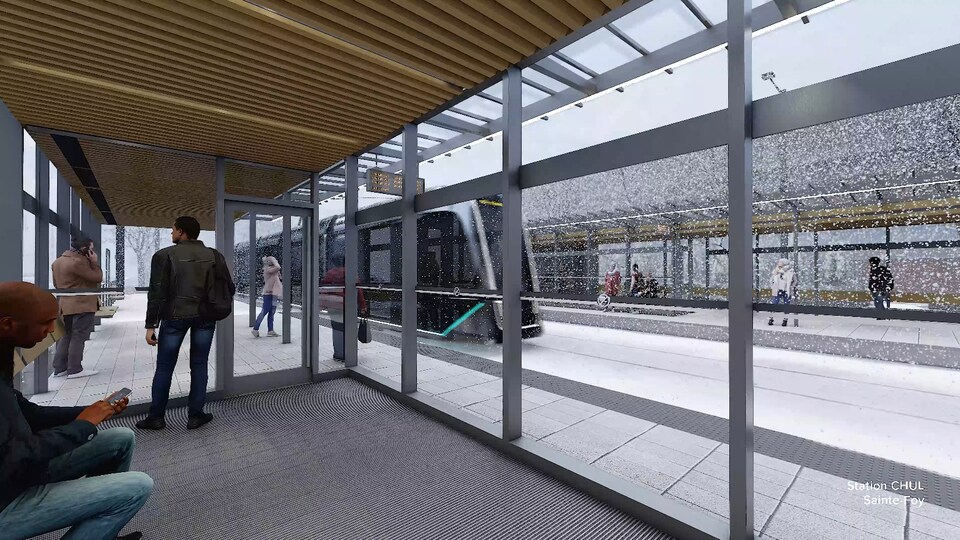 Une représentation virtuelle montre des gens qui attendent le tramway à une station l'hiver.