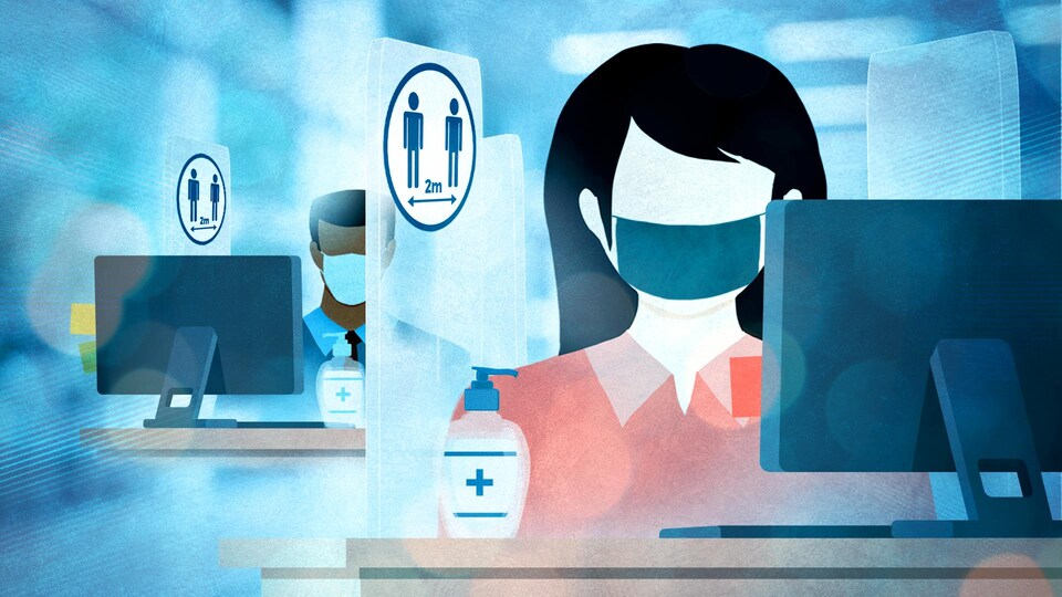 Une illustration montre des gens assis derrière un ordinateur et dont les bureaux sont séparés par des cloisons.