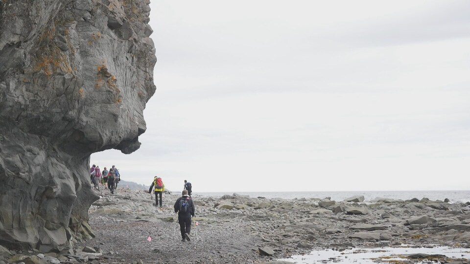Des gens marchent entre une falaise et la mer.
