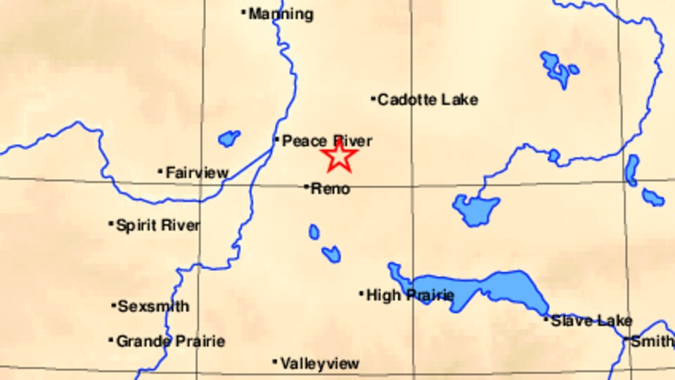 Carte montrant le nord de l'Alberta avec une étoile entre les villes de Peace River et Reno.