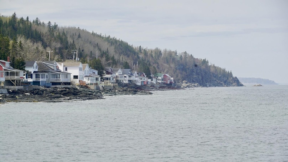 Des maisons sont bordées par le fleuve, près de Trois-Pistoles.